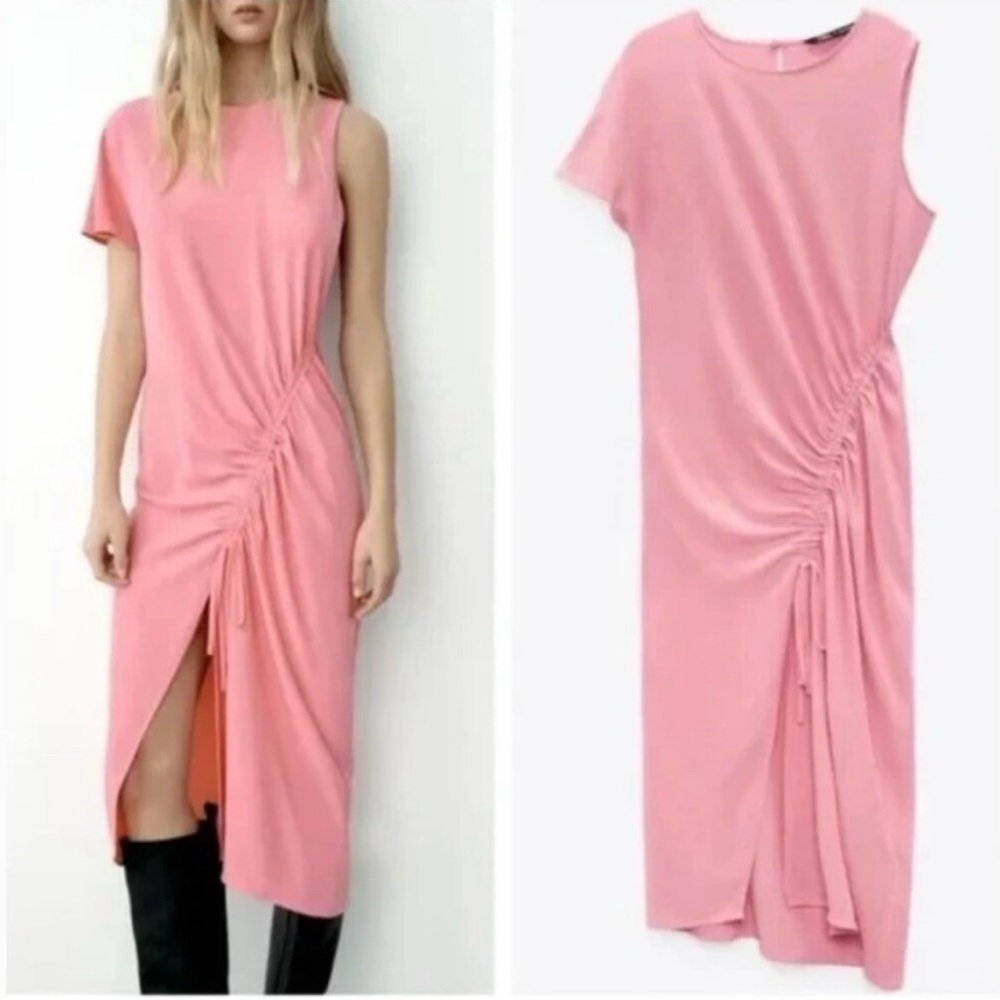 Zara Pink Asymmetrical Ruched Dress-NWT